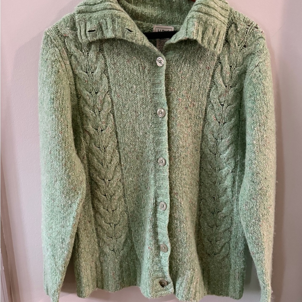 LL Bean Womens Sweater Fisherman Cardigan Cable Knit Wool Blend Green Medium Reg